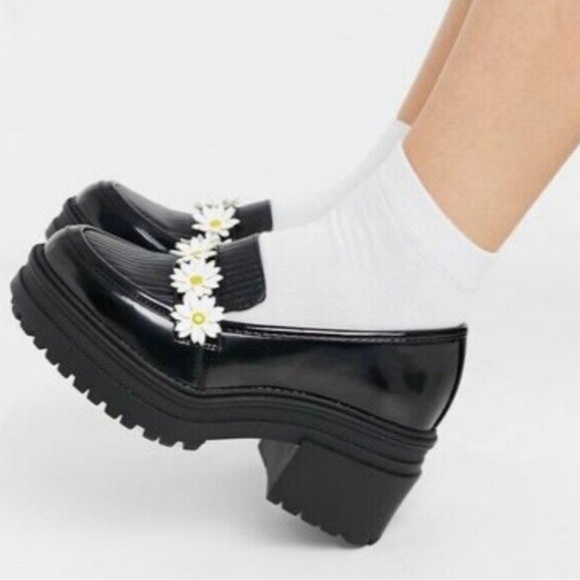 ASOS DESIGN Women's 8 Simone Chunky Mid Heeled Loafer In Black With Daisies - Picture 1 of 9